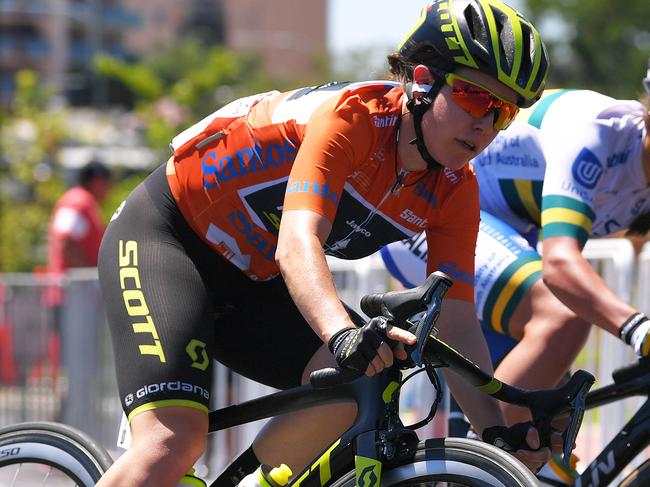 Australia and Team Mitchelton-Scott’s Amanda Spratt on her way to winning her third consecutive Tour Down Under. Picture: Tim de Waele / Getty Images