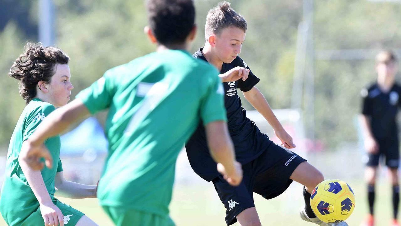 Football Queensland Community Cup carnival, Maroochydore. U13 boys, Sunshine Coast V Metro North. Picture: Patrick Woods.