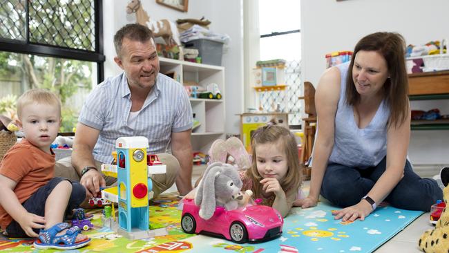 Alan Jones, 42, and Sophie Andrews, 40, with children, Owen, 1, and Eleanor, 5, are happy they made they move from Sydney to Caloundra in April. Picture: Russell Shakespeare