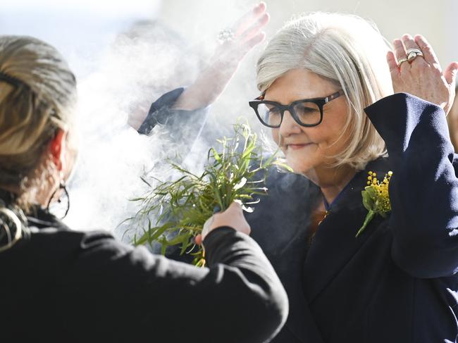 CANBERRA, Australia - NewsWire Photos - July 1, 2024: Governor General Samantha Mostyn during a welcome to country smoking ceremony at the Swearing at Parliament House in Canberra. Picture: NewsWire / Martin Ollman