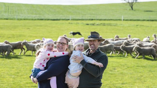 Leroy Mac founder Rebecca McErvale and her husband, Rod, run a sheep operation at Lexton, processing some of their Merino fleece into yarn to supply their farm-to-consumer woollen brand Leroy Mac. Pictured with their children, Maddison, 6, and Isla, 4. Picture: Zoe Phillips