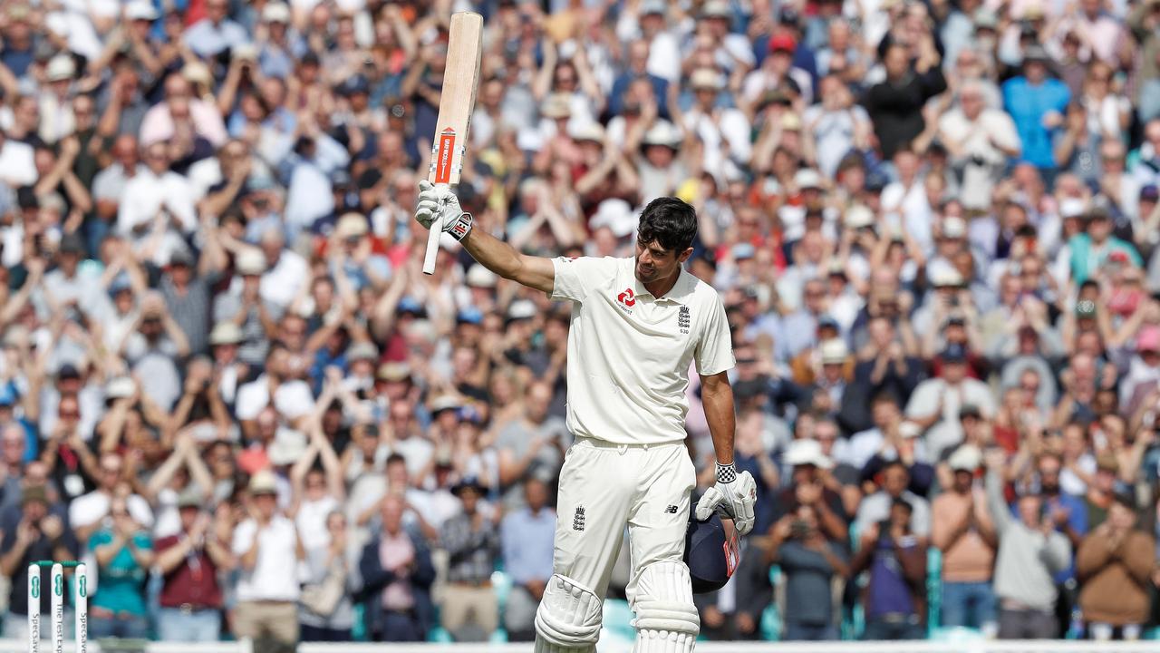 England's Alastair Cook celebrates his century in his final Test.
