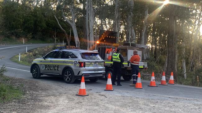 Emergency services at the scene of the crash at Cleland. Picture: George Yankovich