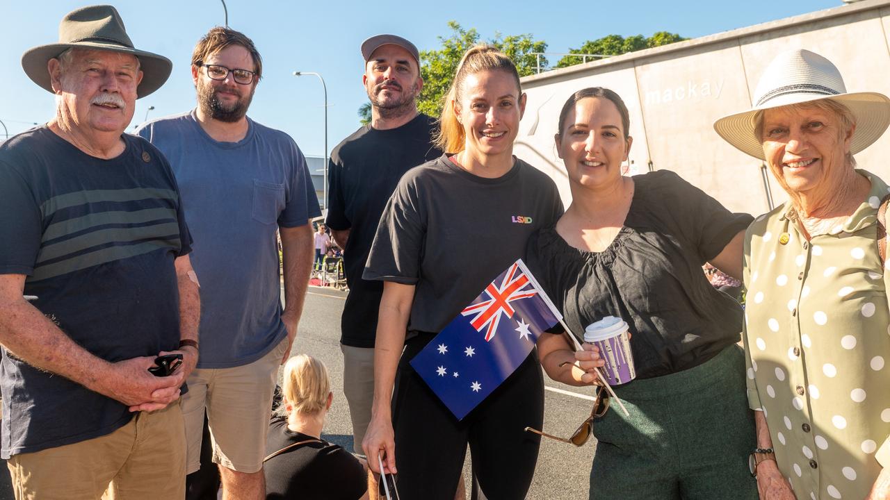 John Taylor, Michael King, Brendan Webb, Alison King, Megan Webb and Margot Taylor ANZAC Day Mackay Friday 25 April 2025 Picture:Michaela Harlow