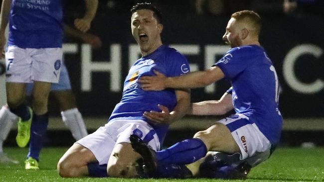 Liam Boland celebrates a goal against Sydney FC in the FFA Cup.