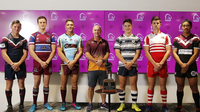 Lachlan Williamson (Ipswich State High), Will Parslow (Wavell State High), Reece Walsh (Keebra Park), Allan Langer, Coby Fechner (St Mary's Toowoomba), Toby Sexton (Palm Beach Currumbin) and Tyrone Sa’U (Marsden College) at the 2019 Allan Langer Cup season launch. Picture: Josh Woning