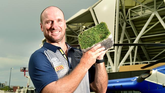 A helicopter delivered a square metre of turf from North Queensland Cowboys old stadium to their new home, Queensland Country Back Stadium. Paul Bowman. Picture: Alix Sweeney