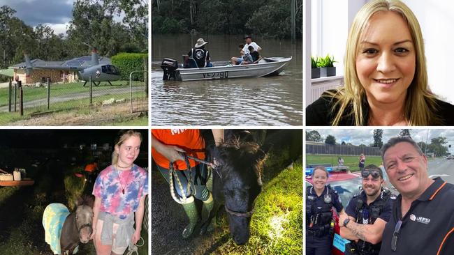 Logan Heroes: clockwise from top left: pilot Shane Kroesen and Cr Scott Bannan delivered a generator; the unknown boatie ferrying goods to Flagstone; Christine Richards who organised a mercy flight; Louie Naumovski took drinks to police at Waterford; and residents helped rescue miniature horses.