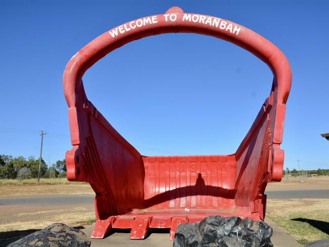 The Moranbah red bucket at the entry to the mining town. Picture: Rae Wilson