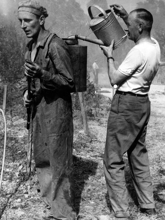 Filling a knapsack spray on the Mt Dandenong fire front.