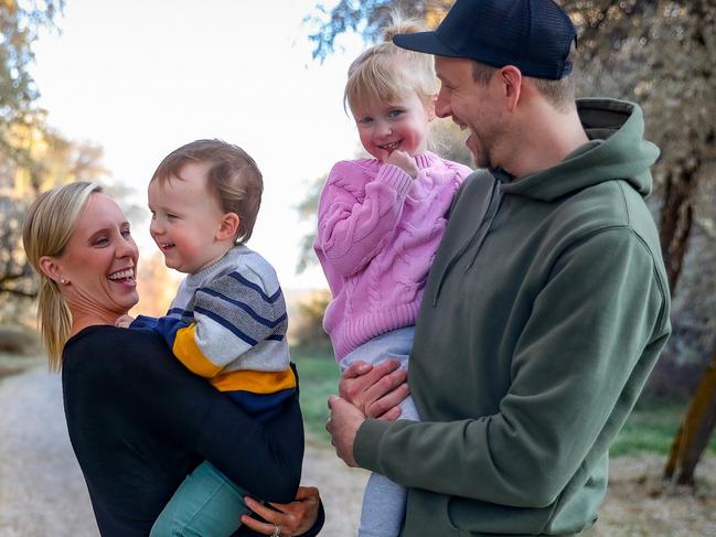 Exclusive images cannot be used  before Sunday 19th April.Australian NBA star Joe Ingles with his wife Renae and their three-year-old twins Jacob and Milla in Utah. Picture: Supplied