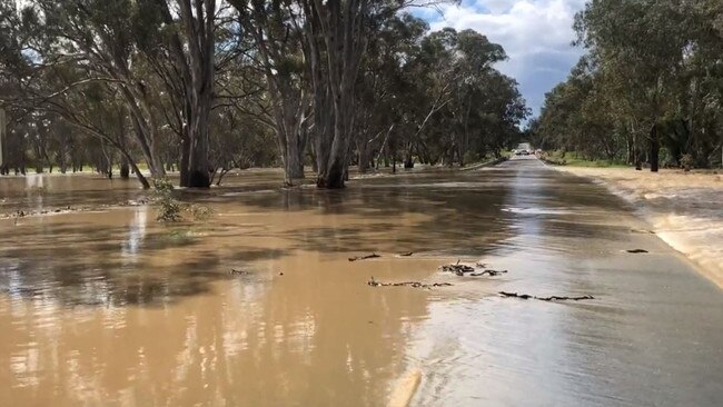 Floodwater at the Maryborough-Dunolly Rd in Dunolly. Picture: Julieanne Strachan