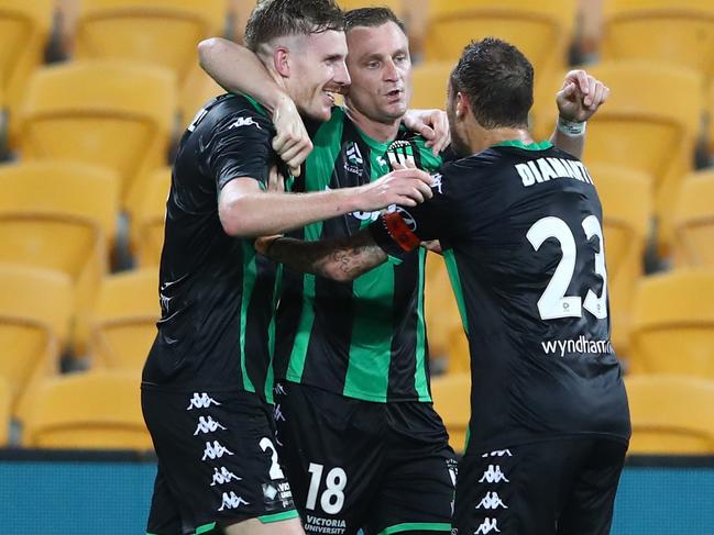 BRISBANE, AUSTRALIA - DECEMBER 13: Besart Berisha of Western United celebrates a goal during the round 10 A-League match between the Brisbane Roar and Western United at Suncorp Stadium on December 13, 2019 in Brisbane, Australia. (Photo by Chris Hyde/Getty Images)