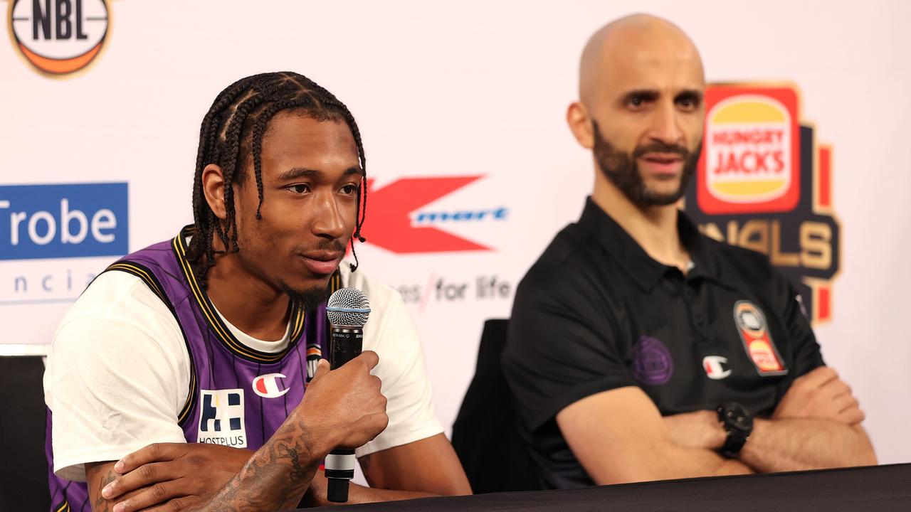 Jaylen Adams (L) and Mahmoud Abdelfattah speak to the media ahead of the play-in tournament. Picture: Getty