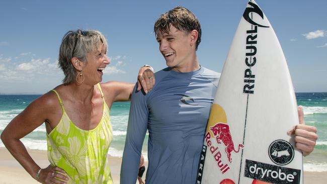 Former World Champion Layne Beachley with Lukas Skinner from the NewQuary Boardriders out of the UK as 17 International Clubs and 31 Australian Clubs to compete at the World Club Boardriding Challenge at Snapper Rocks. Picture: Glenn Campbell