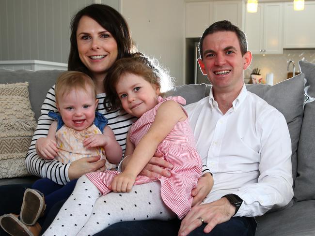 PIC is for special national LifeHacks project liftout. David Morgan at home with his wife Jacqui and kids Olivia 4 and Eloise 1. Pics Adam Head