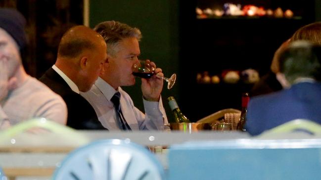 Peter Dutton and Mathias Cormann have dinner at Portia's Place restaurant in Kingston on Thursday night. Picture: Jonathan Ng