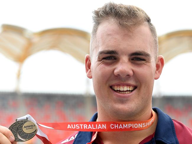 GOLD COAST, AUSTRALIA - FEBRUARY 16: Matthew Denny celebrates after winning the Men's hammer throw event during the Australian Athletics Championships & Nomination Trials at Carrara Stadium on February 16, 2018 in Gold Coast, Australia.  (Photo by Bradley Kanaris/Getty Images)