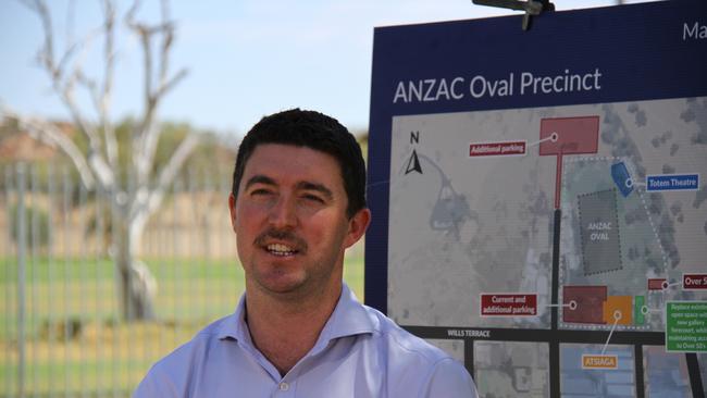 Minister for Planning, Lands, and Environment Josh Burgoyne in Alice Springs with the new Anzac Oval masterplan. Picture: Gera Kazakov