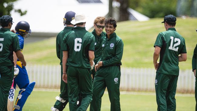 Brisbane Boys College (BBC) bowler D'Arcy Satharasinghe (centre) celebrates after Oliver Lockwood of Toowoomba Grammar School (TGS) is caught and bowled in round 1 GPS Competition 1st cricket at Mills Oval, TGS, Saturday, February 1, 2025. Picture: Kevin Farmer