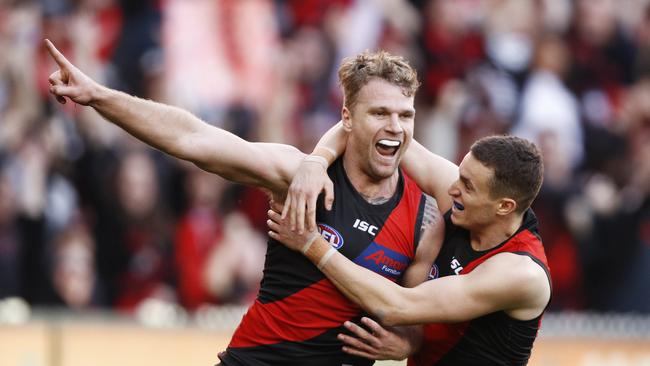 Jake Stringer and Orazio Fantasia celebrate a goal. Pic: AAP