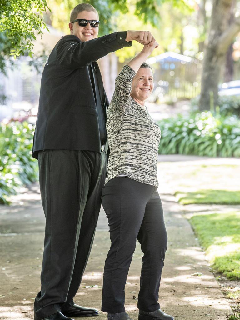 17-year-old Bayley Stanton and his mother Jackie Baxter are thrilled with his school formal attire thanks to Project School Formal. Picture: Nev Madsen