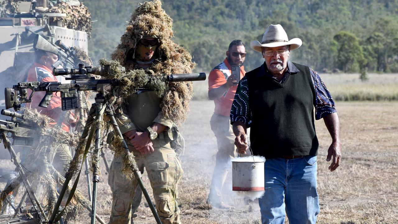 Darumbal Uncle Bill Mann performing a smoking ceremony at the Shoalwater Bay Training Area.