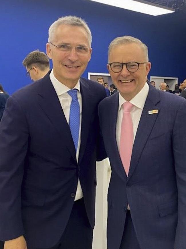 Jens Stoltenberg and Anthony Albanese at the NATO Summit in Madrid. Picture: Twitter/@AlboMP