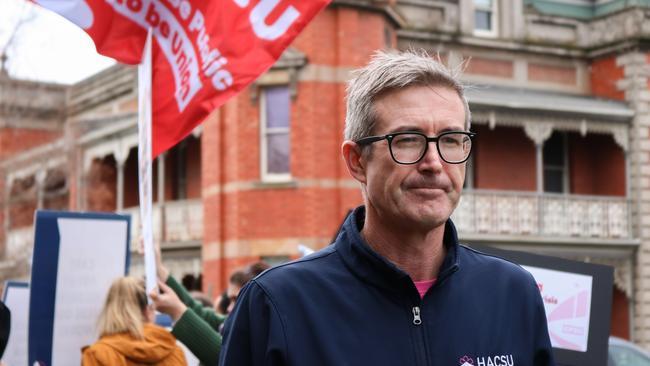 HACSU industrial manager Lucas Digney as child safety workers in Launceston walked off the job on Wednesday after rejecting the government’s inadequate response to the ongoing staffing crisis. Picture: Stephanie Dalton