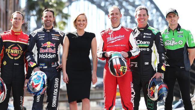 Supercars drivers David Reynolds, Jamie Whincup, Will Davison, Craig Lowndes and Mark Winterbottom with Fox Sports Jess Yates. Picture. Phil Hillyard