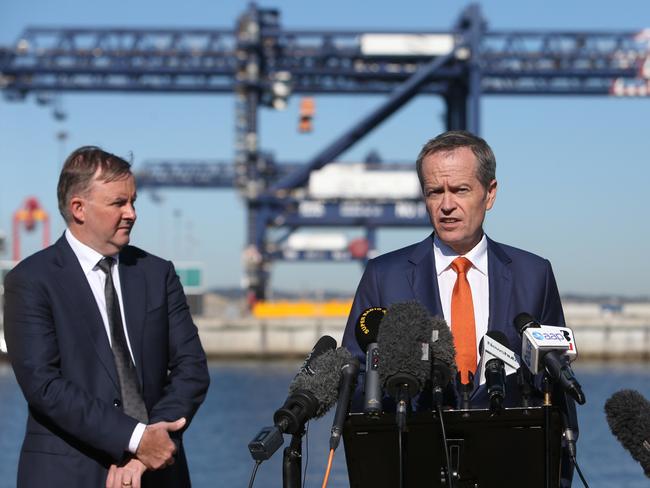 Anthony Albanese and Opposition Leader Bill Shorten holding a press conference at the Port of Botany in Sydney. Picture: Kym Smith