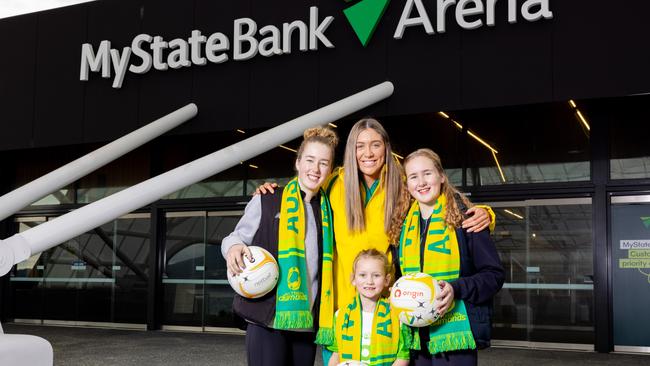 Australian Diamonds player Tilly Garrett with Tasmanian fans at MyState Bank Arena. Picture: Richard J. Ho.