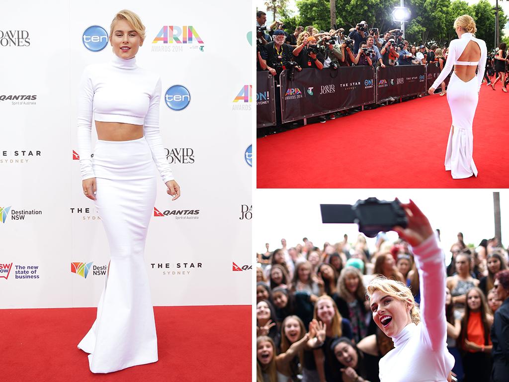 Carissa Walford arrives on the red carpet at the ARIA Awards 2014 in Sydney, Australia. Pictures: Getty