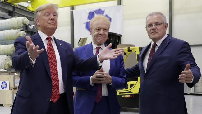 President Donald Trump with Prime Minister Scott Morrison and Pratt Industries chairman Anthony Pratt. Picture: Evan Vucci