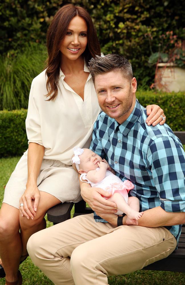 Michael Clarke with wife Kyly and new born baby daughter Kelsey Lee pictured at their Vaucluse home. Picture: Sam Ruttyn