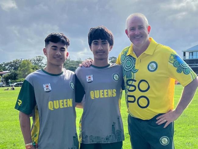 Ishaan Malhotra, Hrihan Malhotra and Peter Goodchap at the memorial game honouring the five-year anniversary of Vikas Malhotra's on-field death. Goodchap spent 20 years playing alongside Vikas. Picture: Supplied.