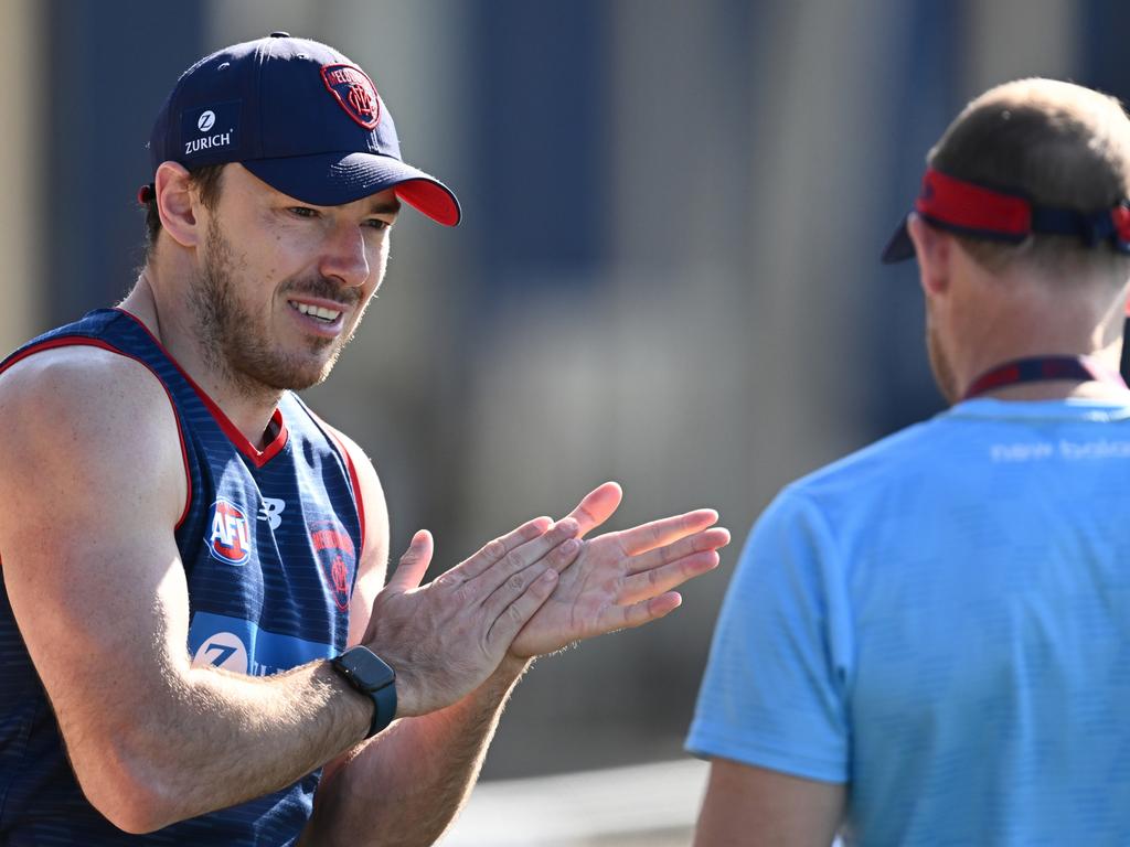 Michael Hibberd and Simon Goodwin last year. Picture: Quinn Rooney/Getty Images\