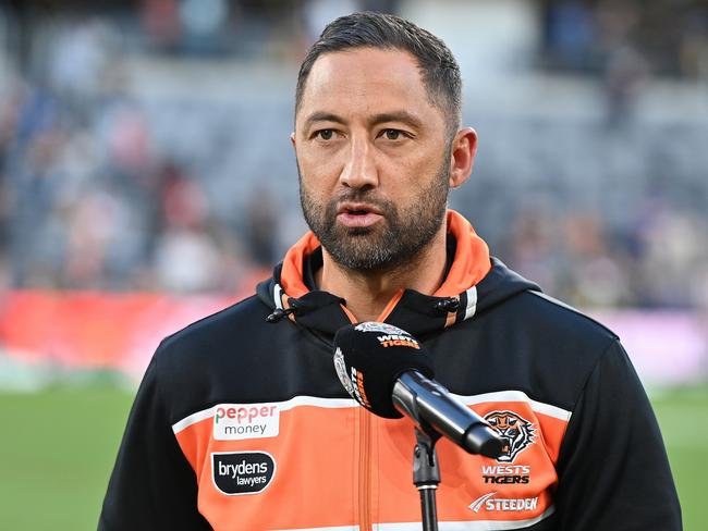 SYDNEY, AUSTRALIA - AUGUST 19: Benji Marshall of Wests Tigers after the round 25 NRL match between Wests Tigers and Dolphins at CommBank Stadium on August 19, 2023 in Sydney, Australia. (Photo by Izhar Khan/Getty Images)