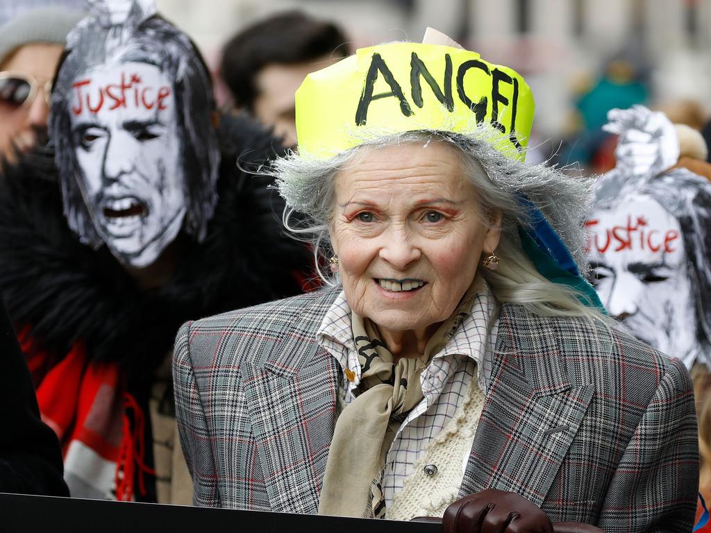 Fashion designer Vivienne Westwood joins protesters outside Australia House in London. Picture: AFP