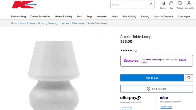 Kmart's Amelie lamp sells for just $35. Picture: Kmart