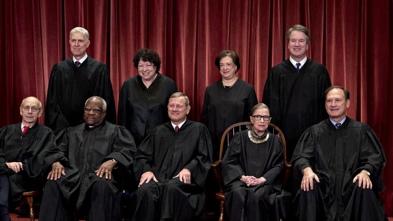 The US Supreme Court. Justice Gorsuch is at the back left, and Justice Kavanaugh is at the back right. Picture: Andrew Harrer/Bloomberg via Getty Images