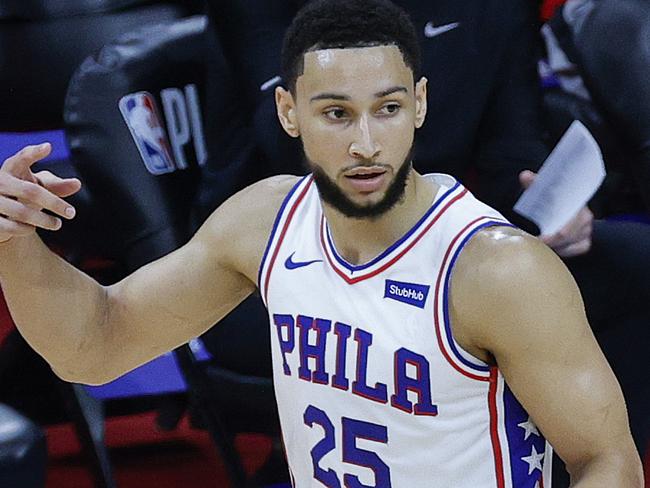 PHILADELPHIA, PENNSYLVANIA - JUNE 20: Ben Simmons #25 of the Philadelphia 76ers signals to teamates during the first quarter against the Atlanta Hawks during Game Seven of the Eastern Conference Semifinals at Wells Fargo Center on June 20, 2021 in Philadelphia, Pennsylvania. NOTE TO USER: User expressly acknowledges and agrees that, by downloading and or using this photograph, User is consenting to the terms and conditions of the Getty Images License Agreement. (Photo by Tim Nwachukwu/Getty Images)