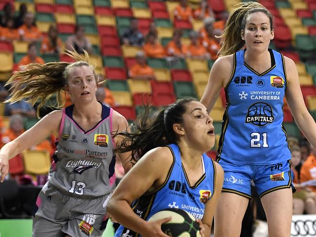 Territory product Abby Cubillo in action during the Round 4 WNBL match between Canberra Capitals and the Adelaide Lightning at Townsville Stadium on December 4 last year. Picture: Ian Hitchcock/Getty Images