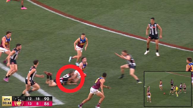 Lachie Neale was tackled low. Photo: Channel 7.