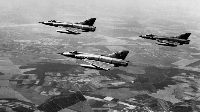 Israeli airforce Dassault Mirage III fighters flying over the Sinai Peninsula at the Israeli-Egyptian border on the first day of the Six-Day Arab-Israeli war. Picture: AFP