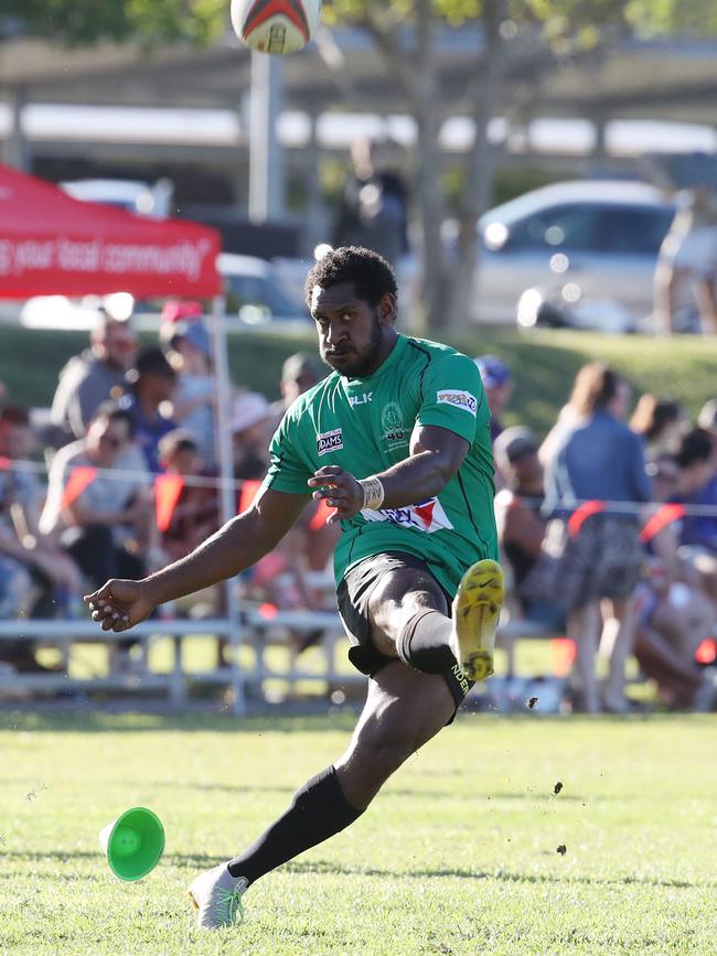 Wanderers' Bradley Stephen kicks a goal in the FNQ Rugby match against JCU Mariners. PICTURE: BRENDAN RADKE