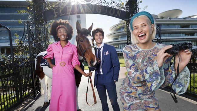 Racegoers Aiyana Alexander, Luke Hatton and Emma Blake-Hahnel with Billy the horse. Picture: Alex Coppel