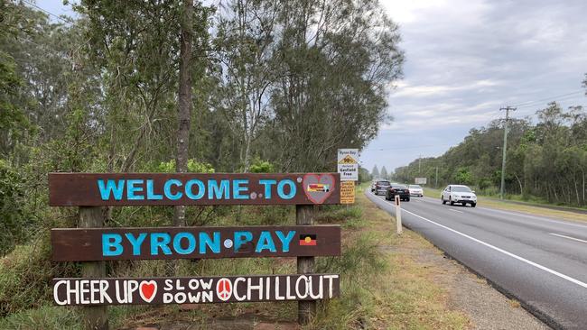 The Welcome to Byron Bay sign has been defaced to read 'Welcome to Byron Pay'.