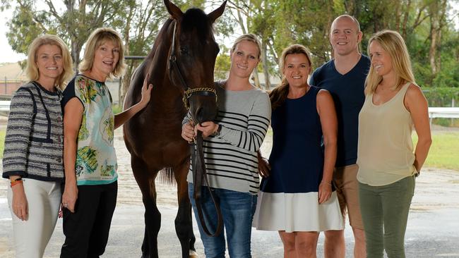 The all-women syndicate owners of the horse Meadow Lane. Venessa Merrin, Katie Page, Zara Phillips, Donna Hay, Mike Tindall, Sophie Magnier. Picture: Ken Butti