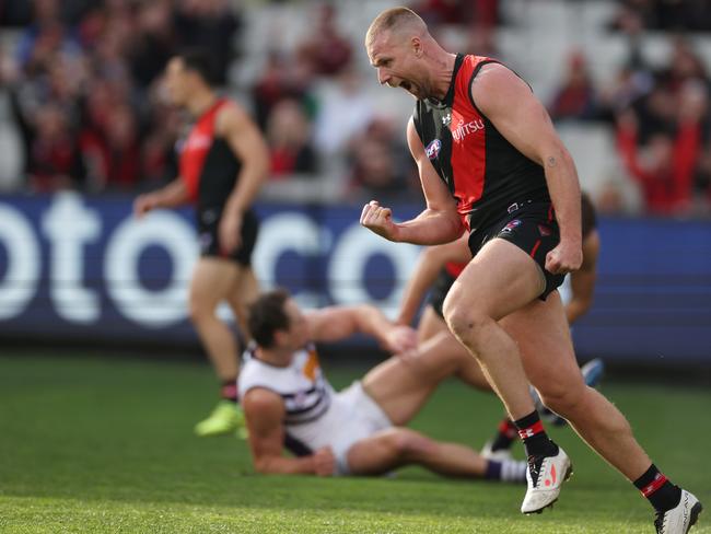 Jake Stringer celebrates a first quarter goal on Sunday. Picture; Daniel Pockett/Getty Images.